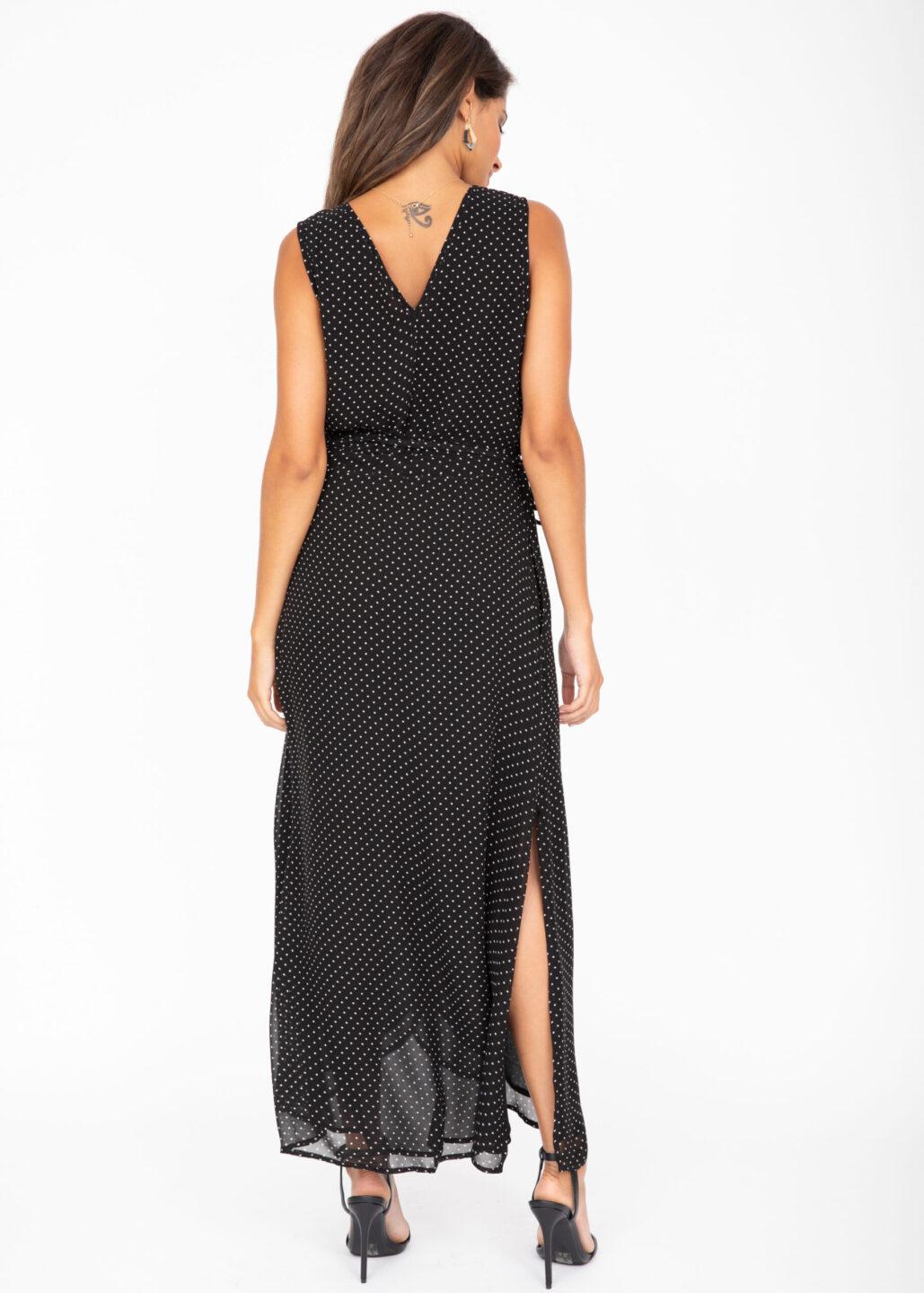 Maxi Wrap Dress With Side Split Polka Print Black - likemary