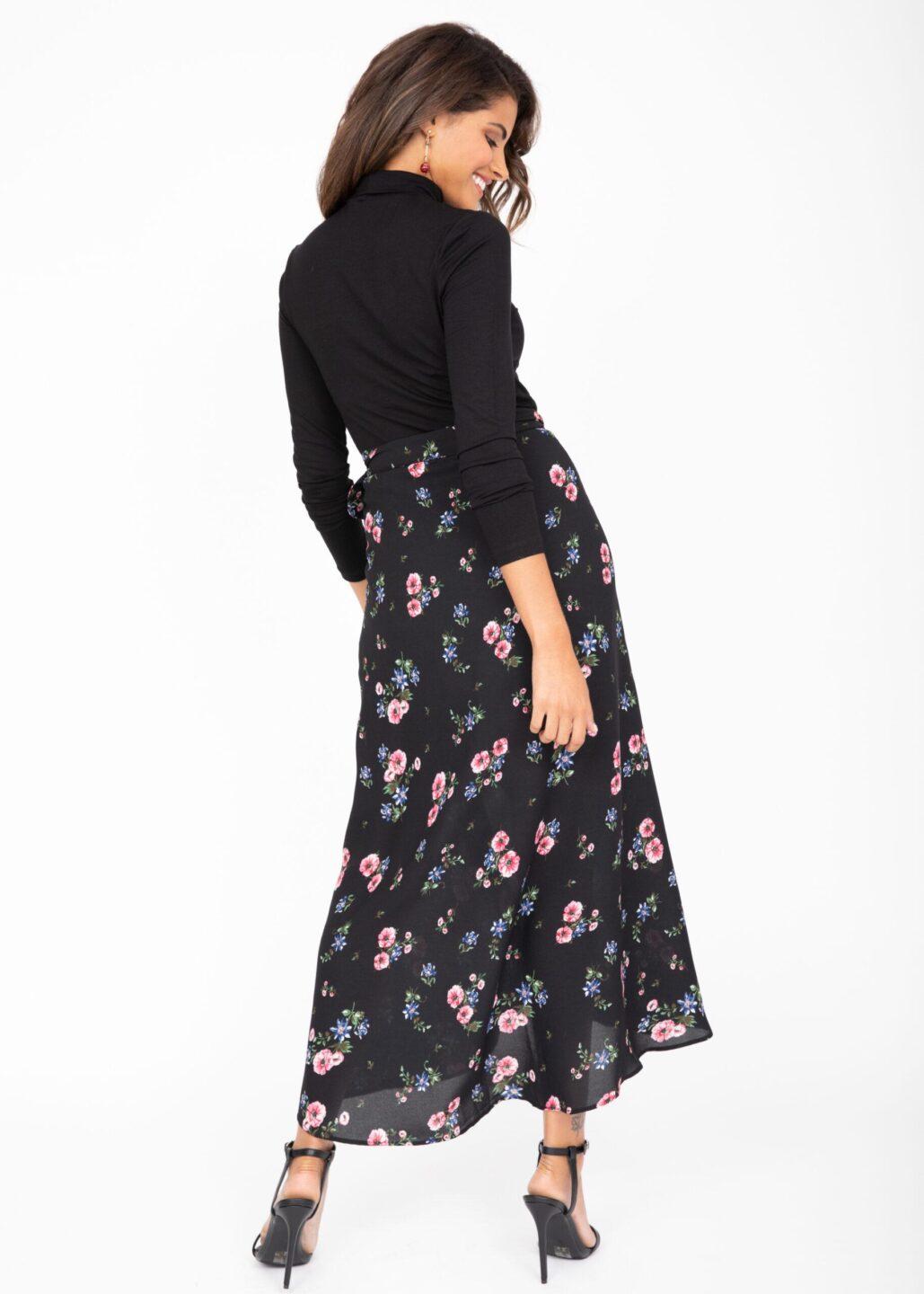 Maxi Wrap Skirt Black Floral Print - likemary