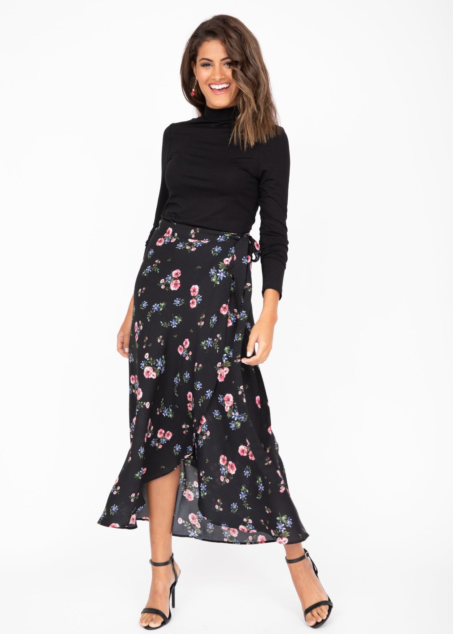 Maxi Wrap Skirt Black Floral Print - likemary