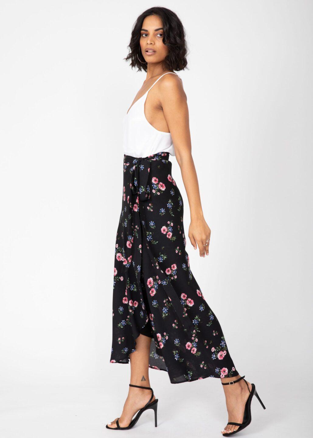 Maxi Wrap Skirt Black Floral Print - likemary