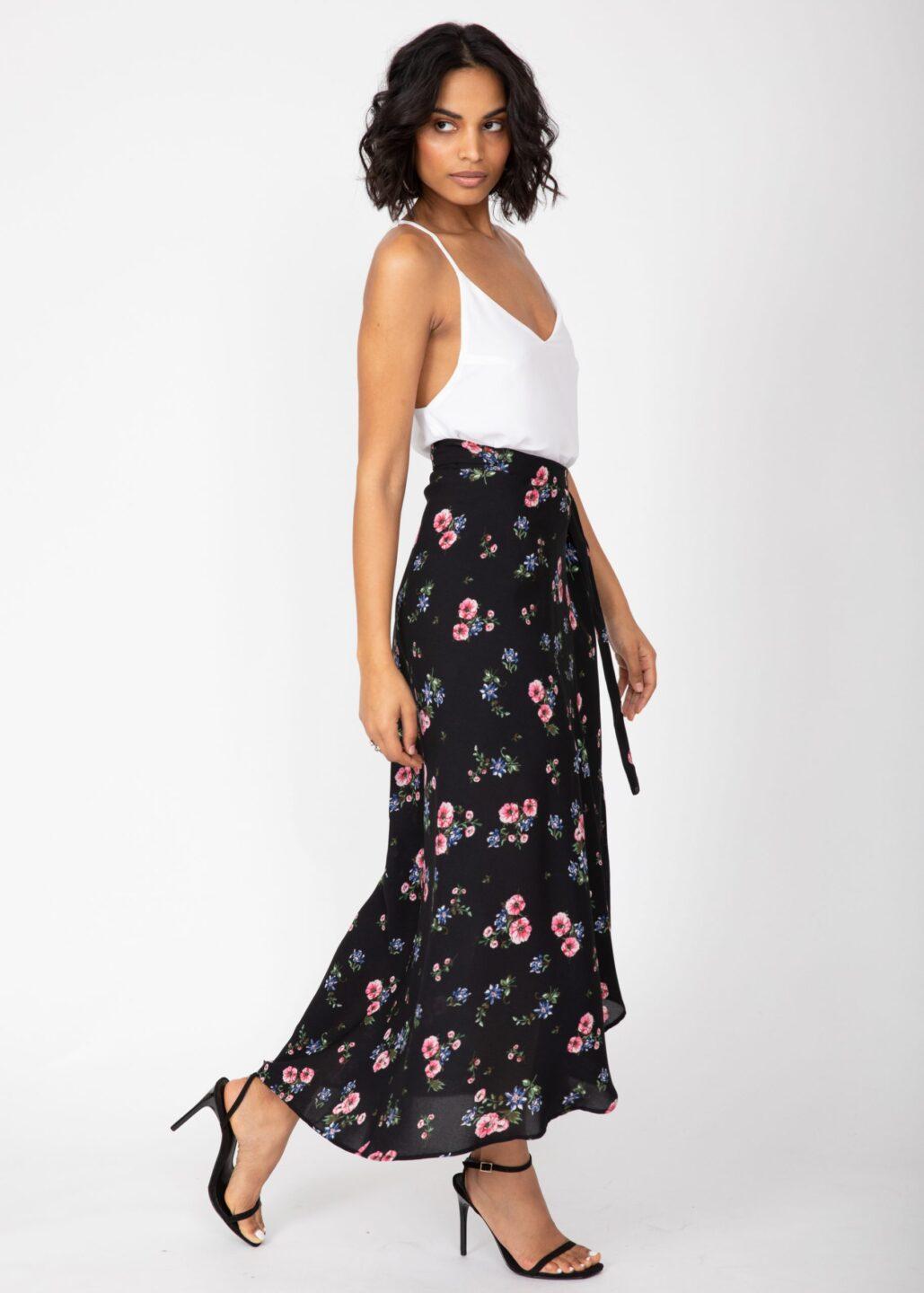 Maxi Wrap Skirt Black Floral Print - likemary
