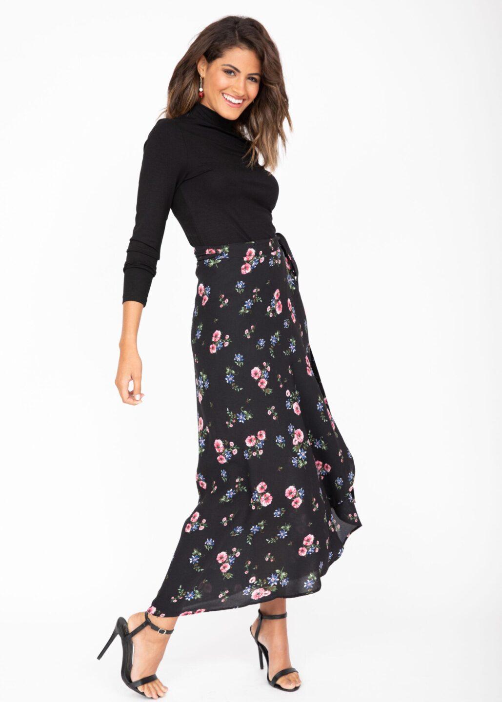 Maxi Wrap Skirt Black Floral Print - likemary