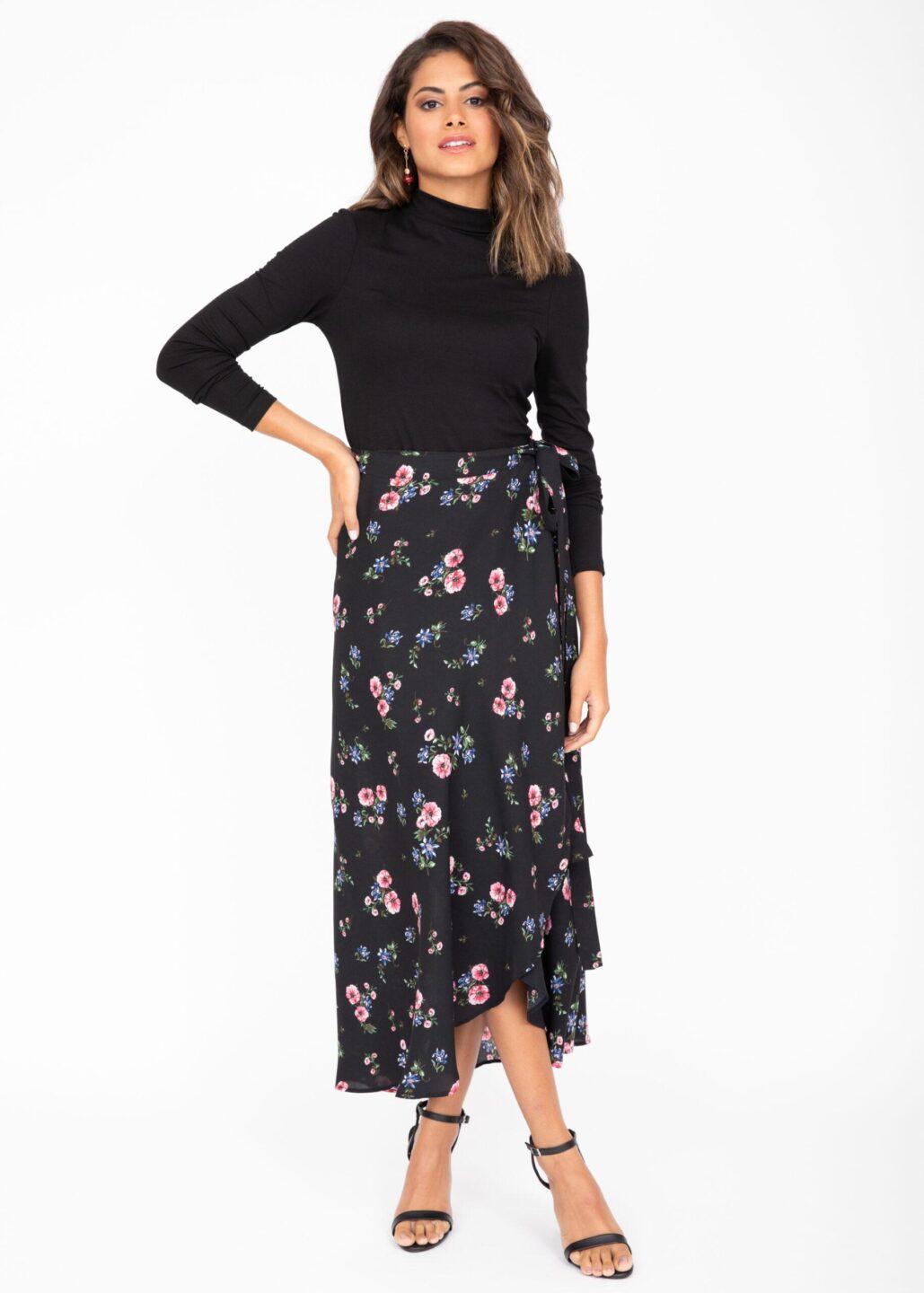 Maxi Wrap Skirt Black Floral Print - likemary