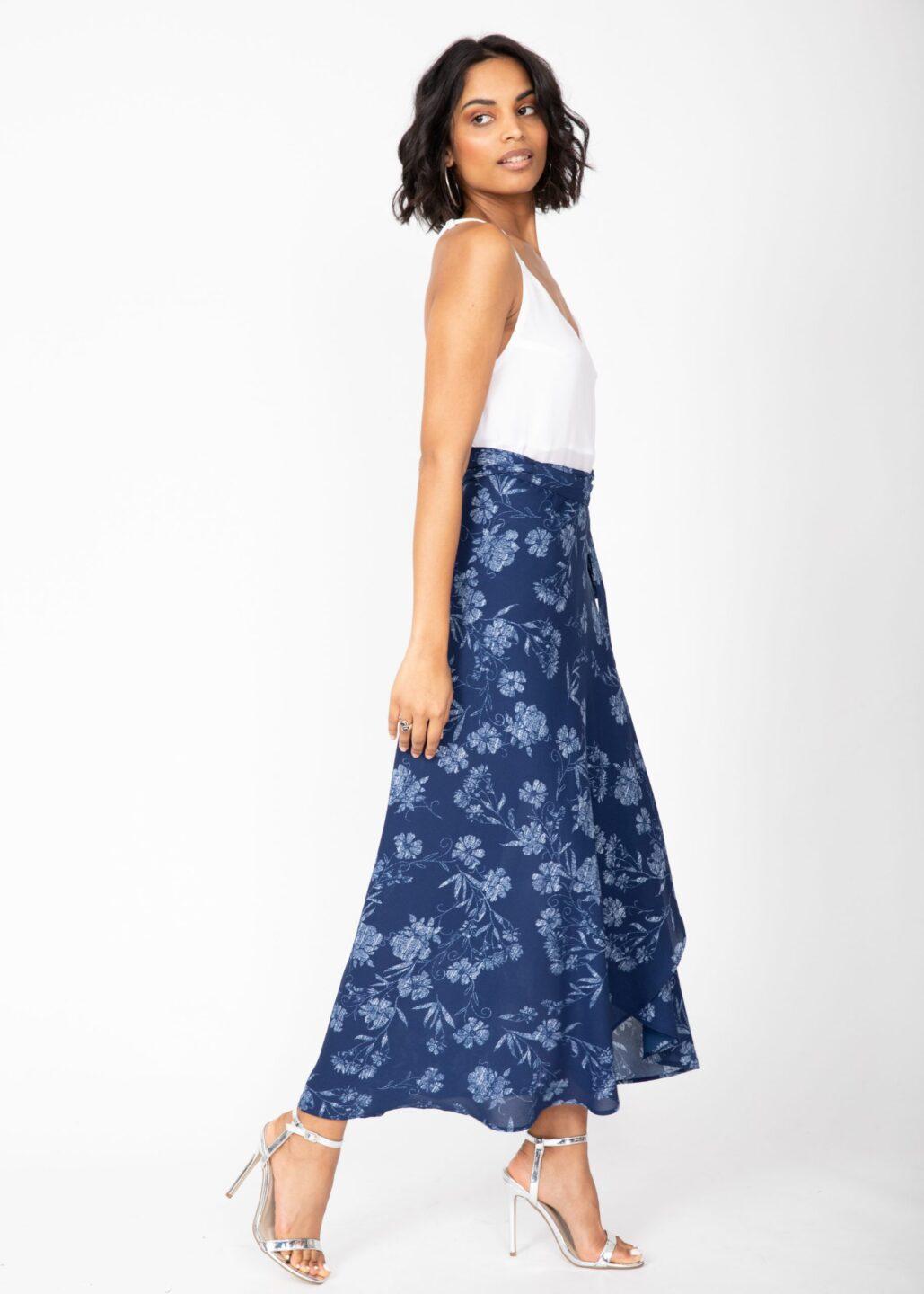 Maxi Wrap Skirt Blue Floral Print - likemary