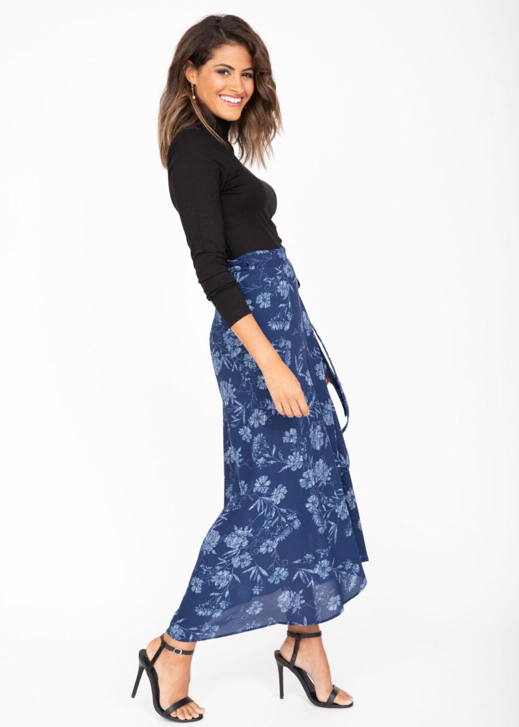 Maxi Wrap Skirt Blue Floral Print - likemary