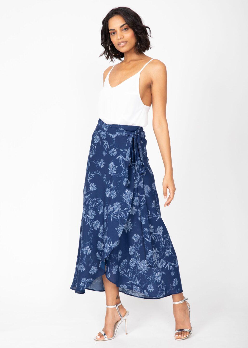 Maxi Wrap Skirt Blue Floral Print - likemary