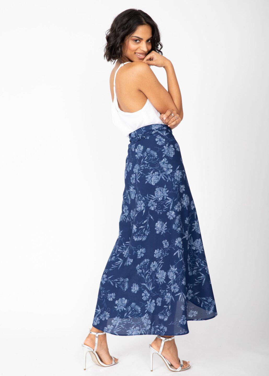 Maxi Wrap Skirt Blue Floral Print - likemary