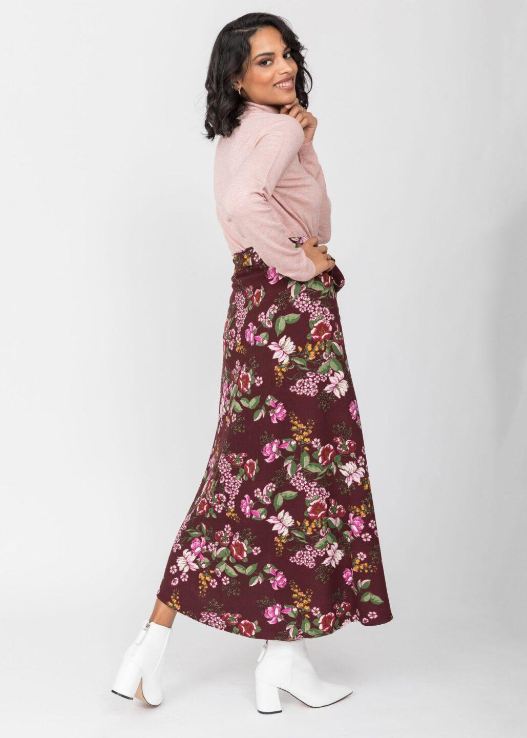 Maxi Wrap Skirt in Pink Floral Burgundy - likemary