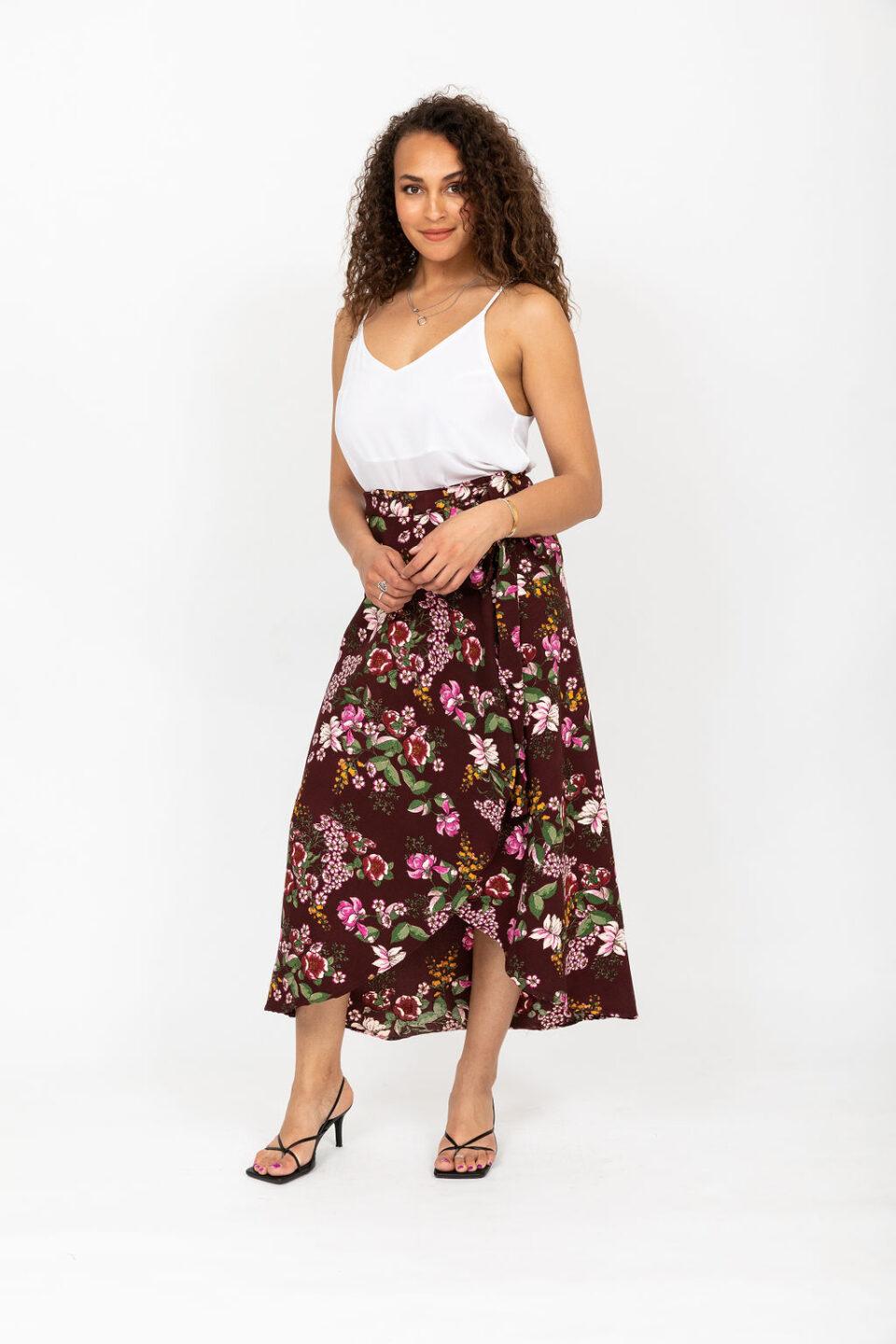Maxi Wrap Skirt in Pink Floral Burgundy - likemary