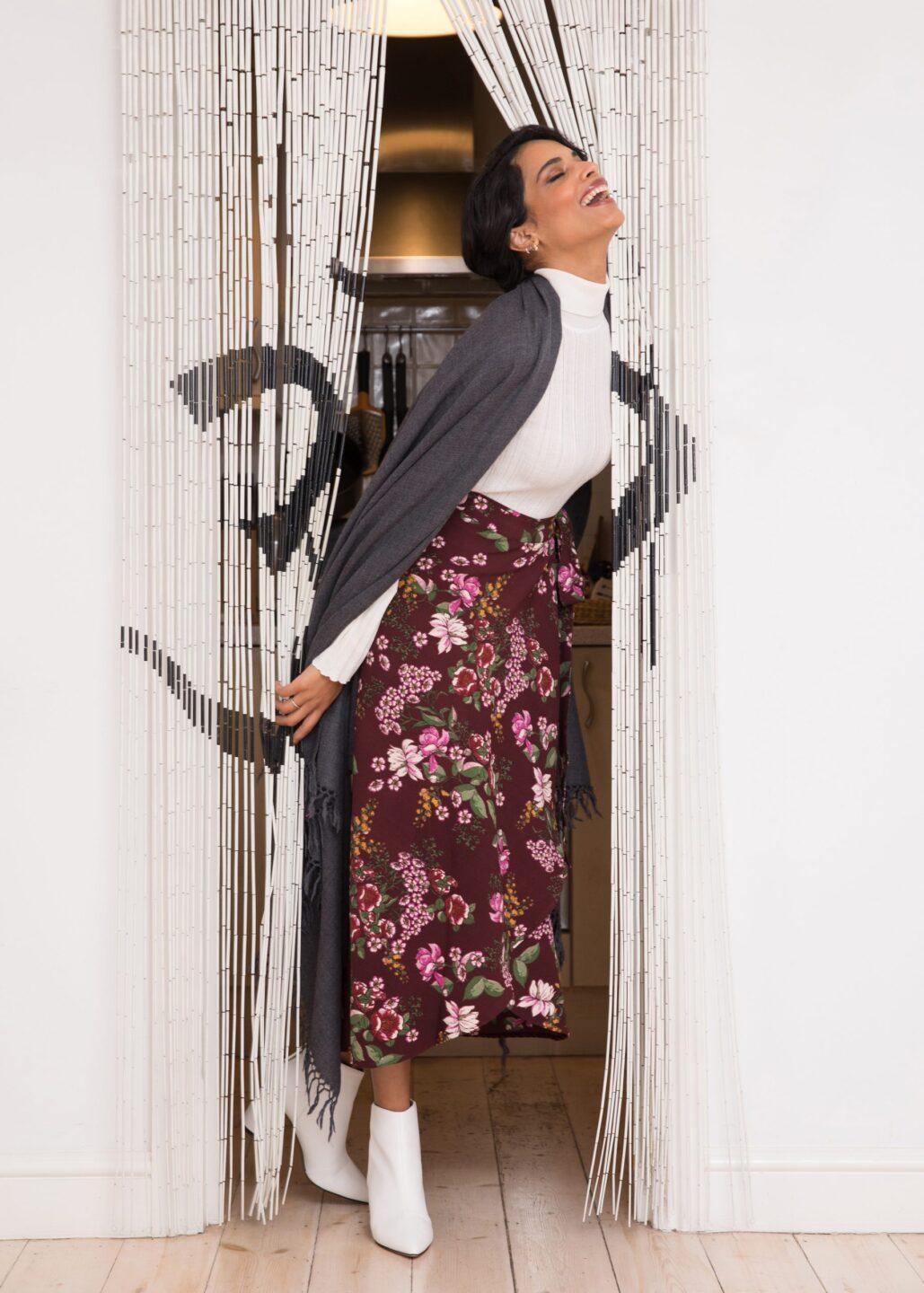 Maxi Wrap Skirt in Pink Floral Burgundy - likemary