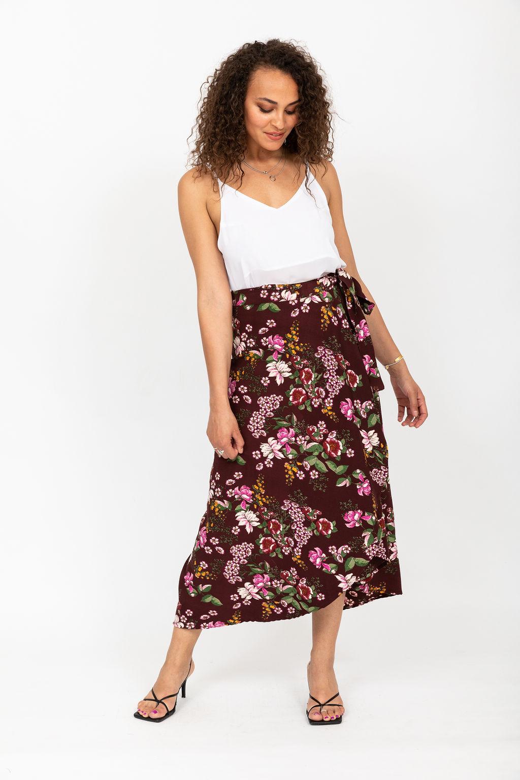 Maxi Wrap Skirt in Pink Floral Burgundy - likemary