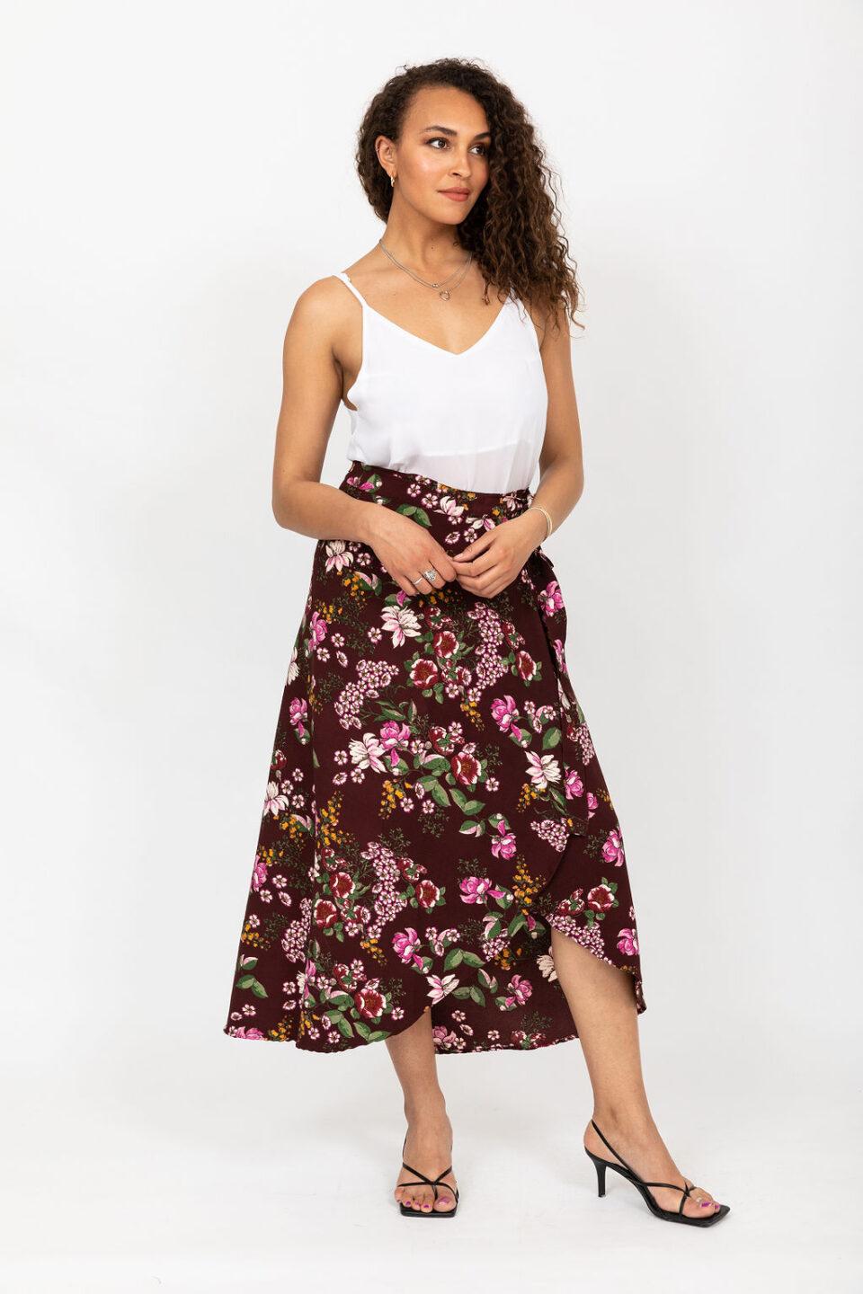 Maxi Wrap Skirt in Pink Floral Burgundy - likemary
