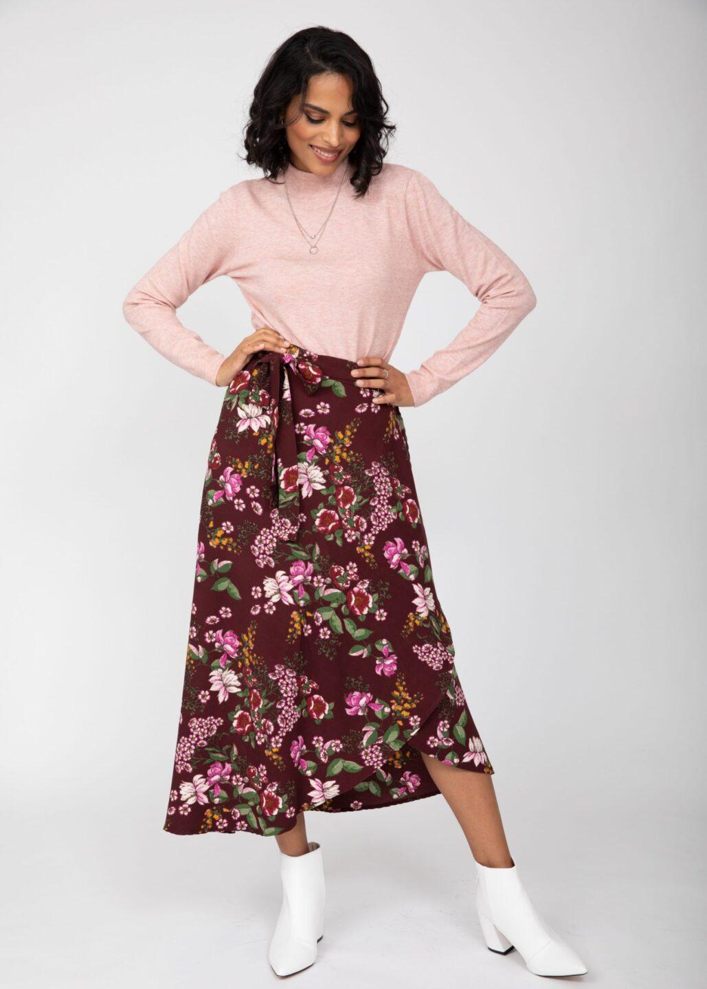 Maxi Wrap Skirt in Pink Floral Burgundy - likemary