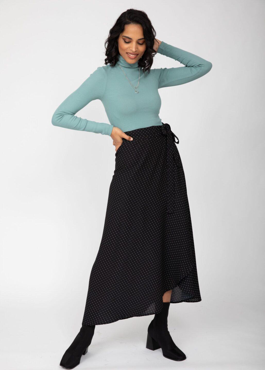 Maxi Wrap Skirt in Polka Dot Black - likemary