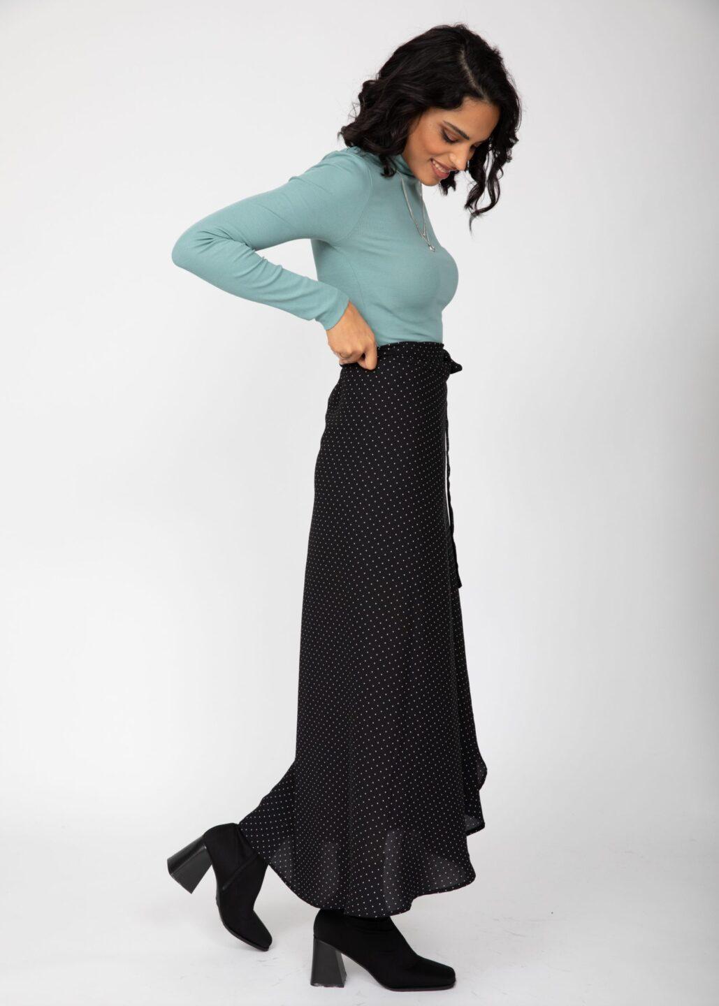 Maxi Wrap Skirt in Polka Dot Black - likemary