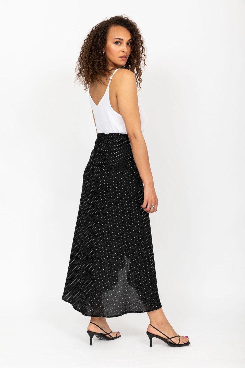 Maxi Wrap Skirt in Polka Dot Black - likemary