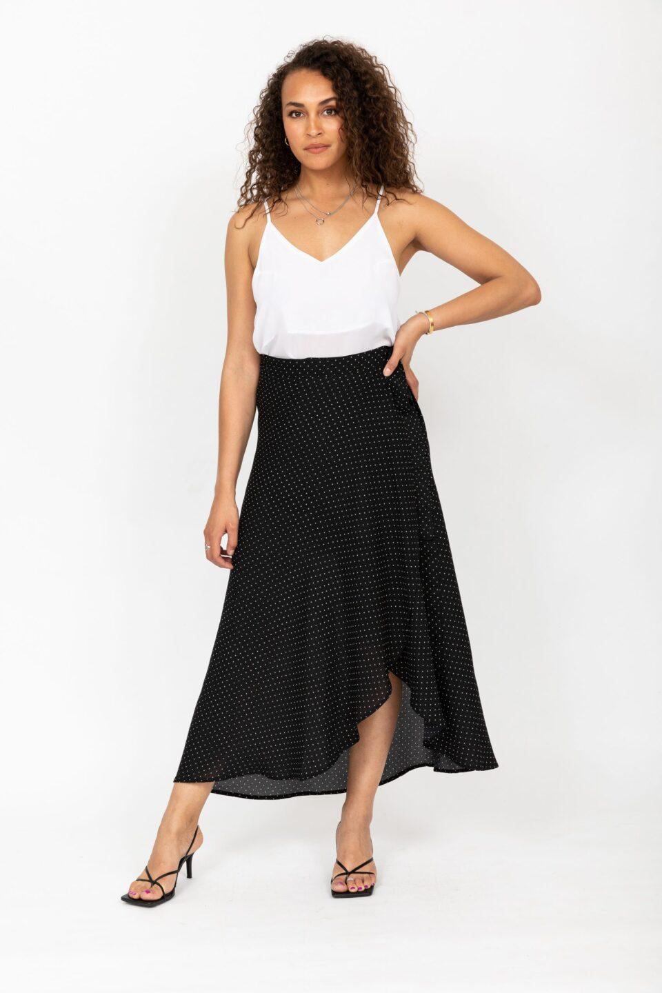 Maxi Wrap Skirt in Polka Dot Black - likemary