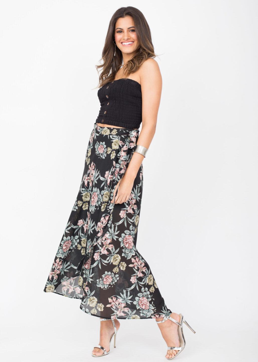 Maxi Wrap Skirt Roses Floral Print Black - likemary