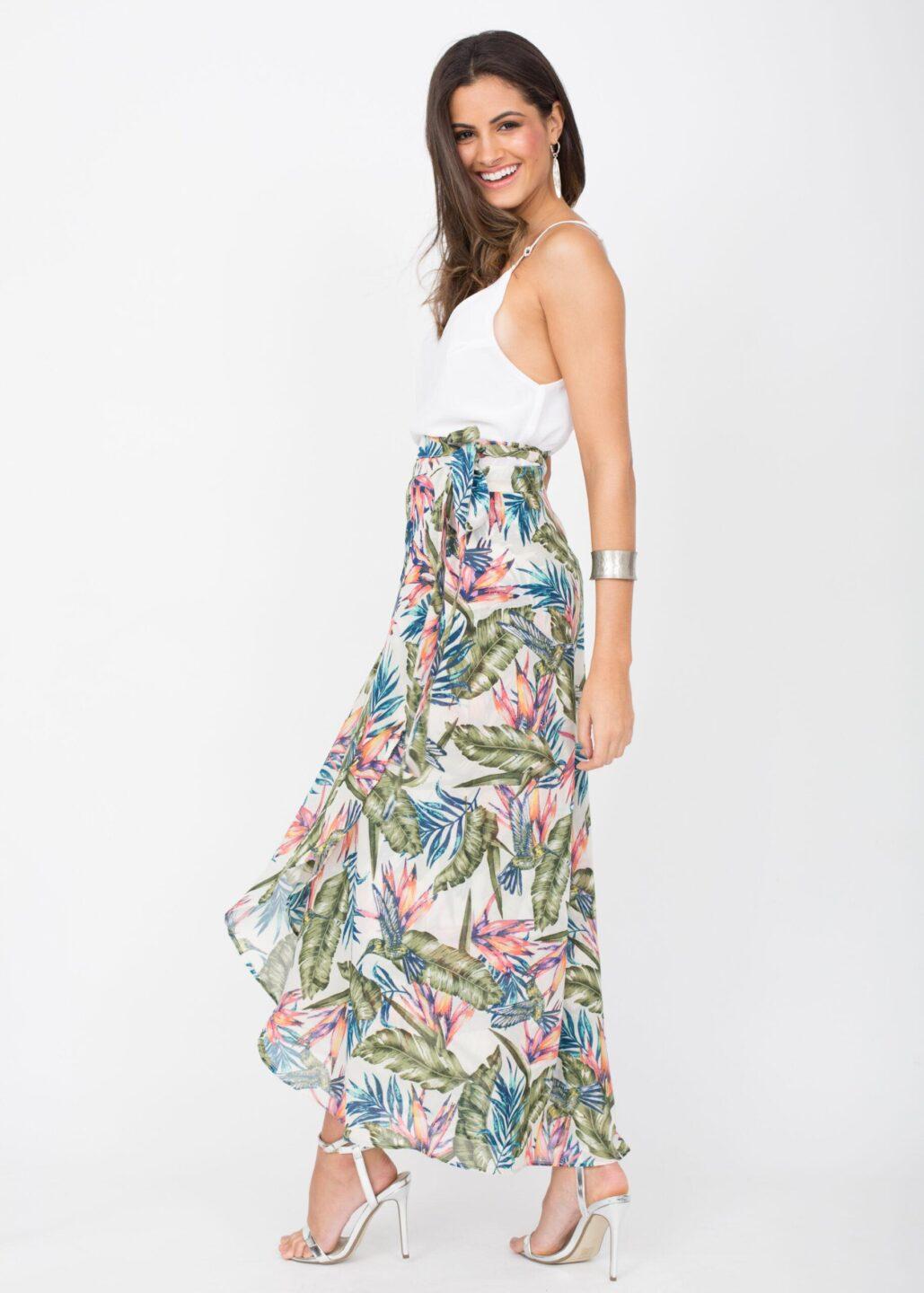 Maxi Wrap Skirt Roses Floral Print White - likemary