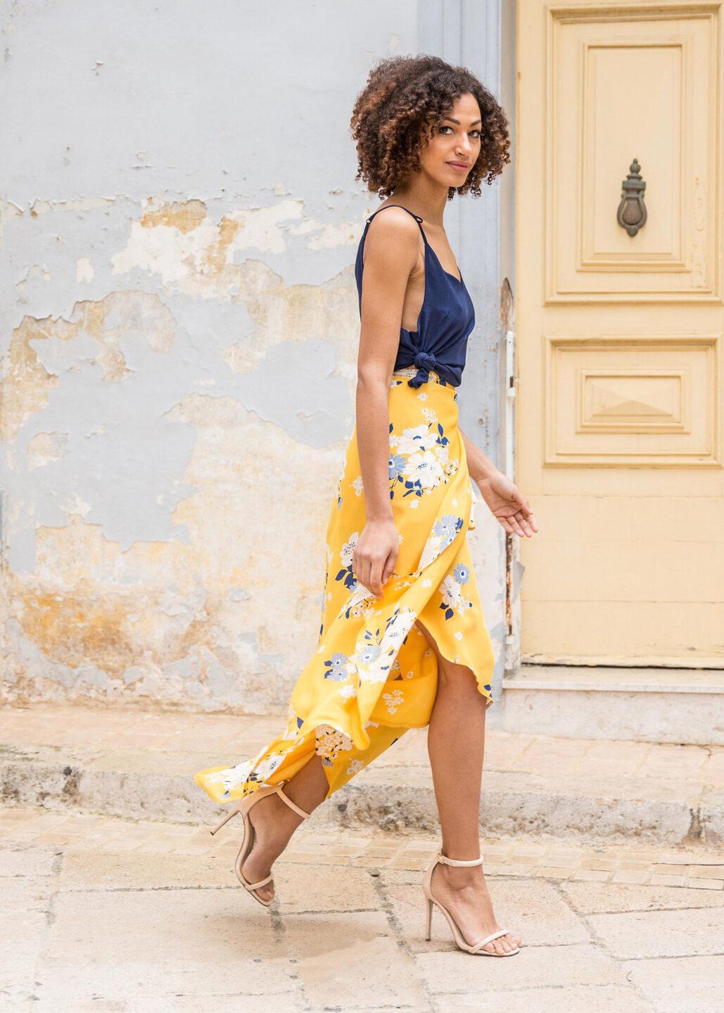 Maxi Wrap Skirt Yellow Floral Print - likemary