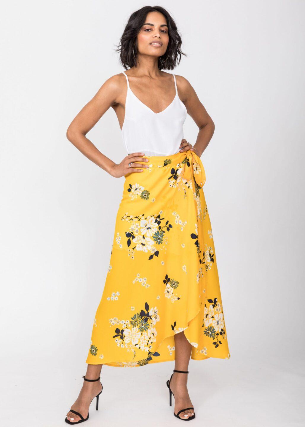 Maxi Wrap Skirt Yellow Floral Print - likemary