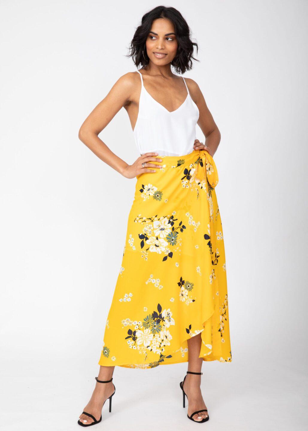 Maxi Wrap Skirt Yellow Floral Print - likemary