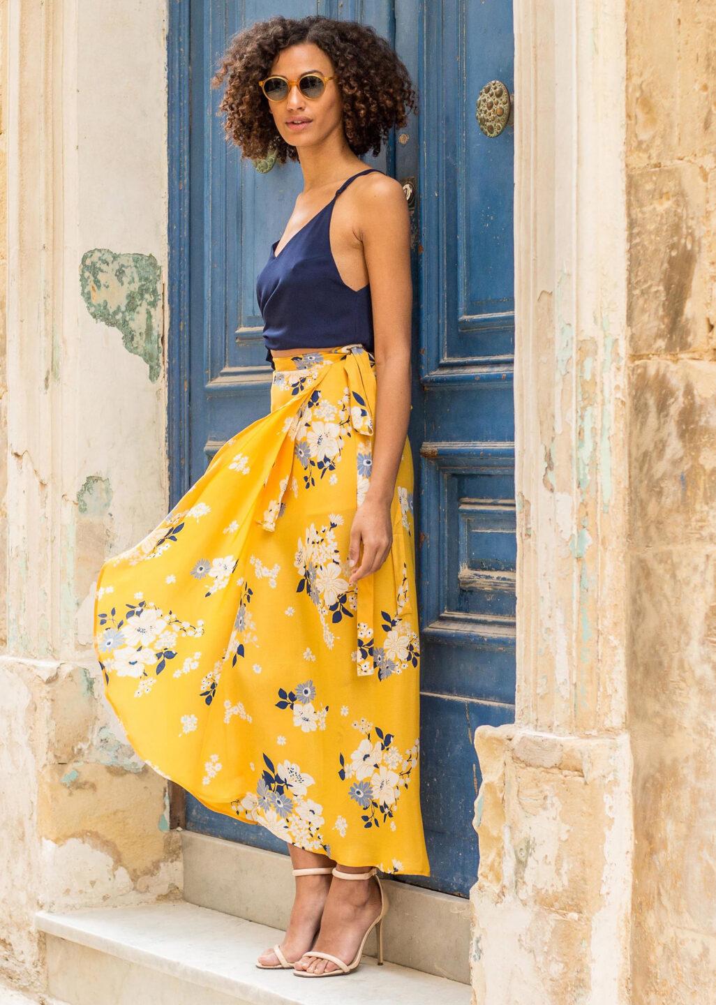 Maxi Wrap Skirt Yellow Floral Print - likemary