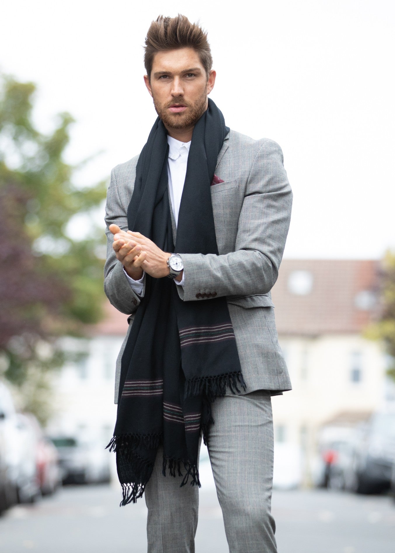 Men's Black Merino Wool Scarf - Oversized Scarf with Border - likemary