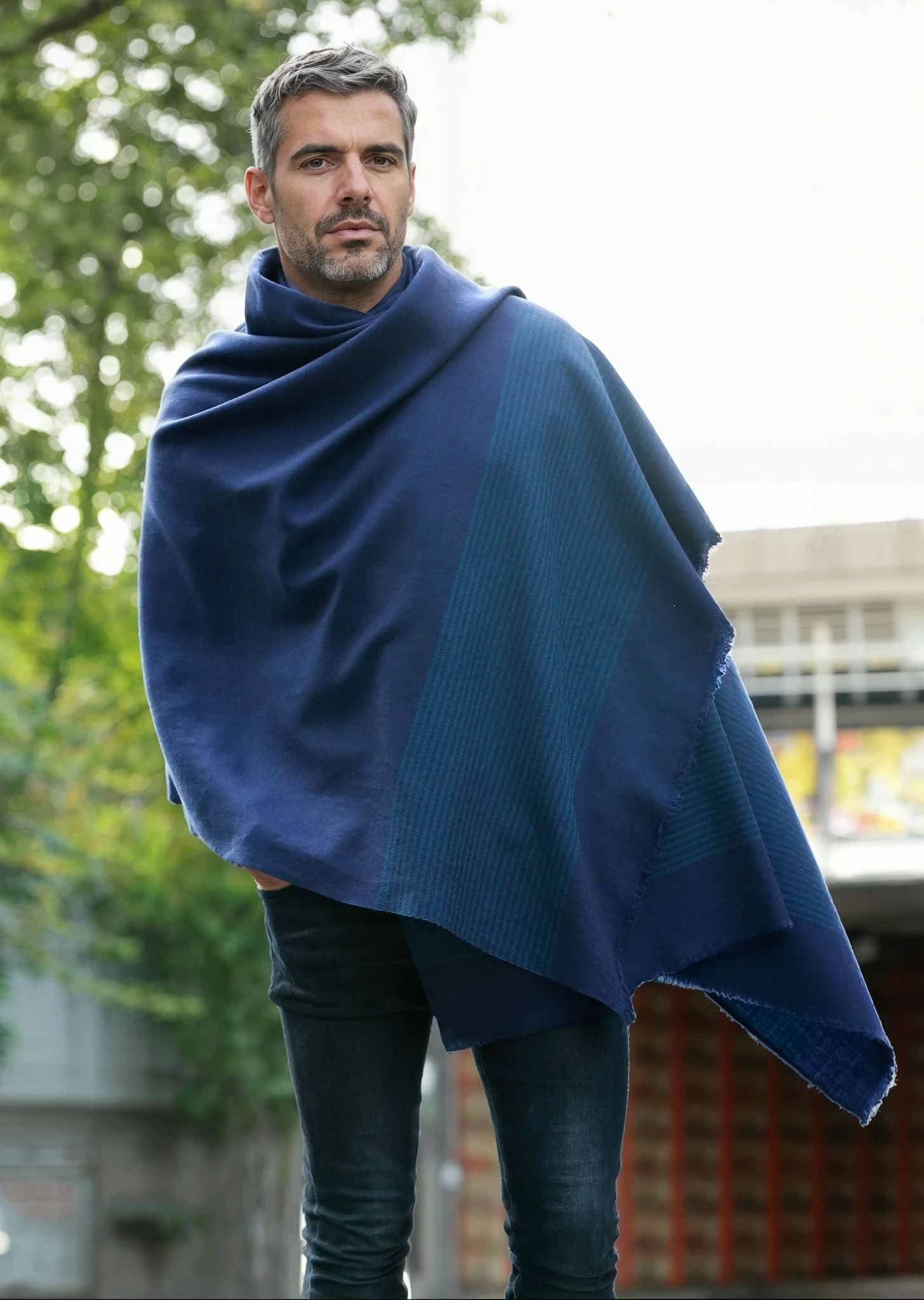 Men’s Blue Merino Wool Scarf with Border Stripes - likemary