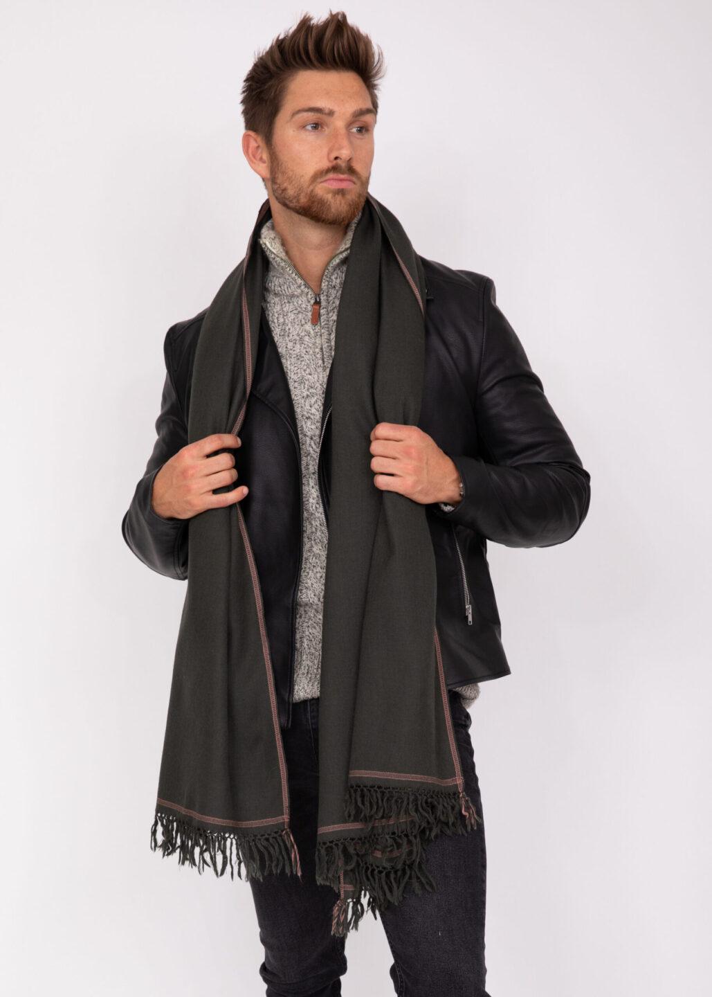Men's Merino Wool Oversized Khaki Green Scarf for Layering & Travel - likemary