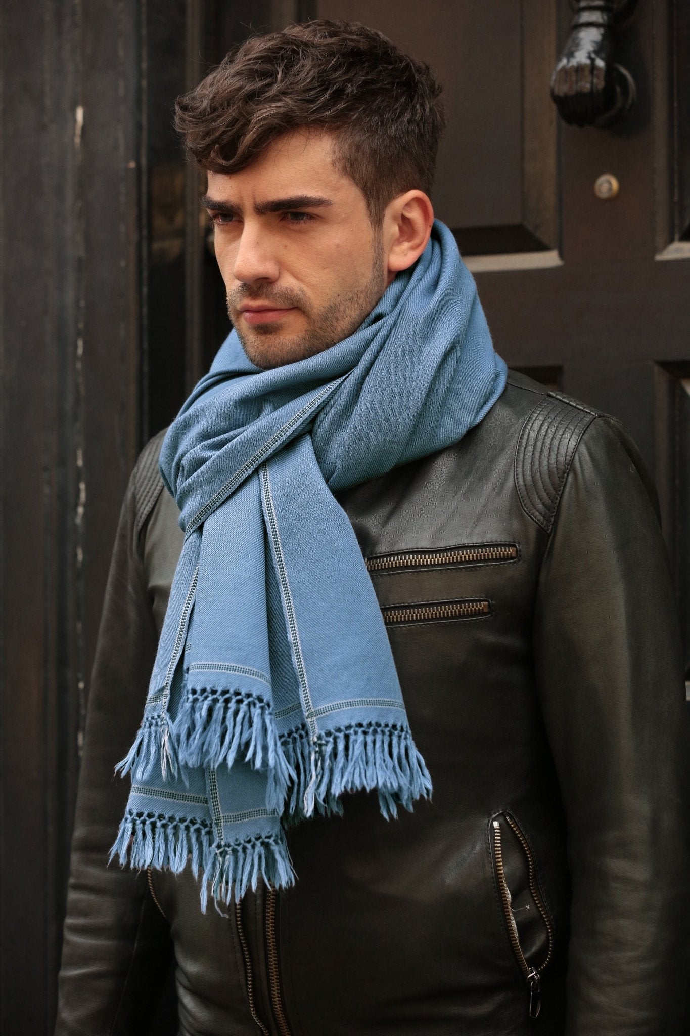 Men’s Merino Wool Overszied Scarf with Border Jeans Blue - likemary