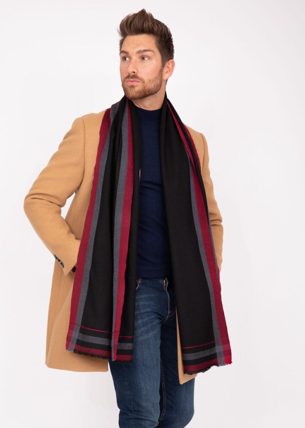 Mens Merino Wool Scarf Handwoven Black with Red Border - likemary