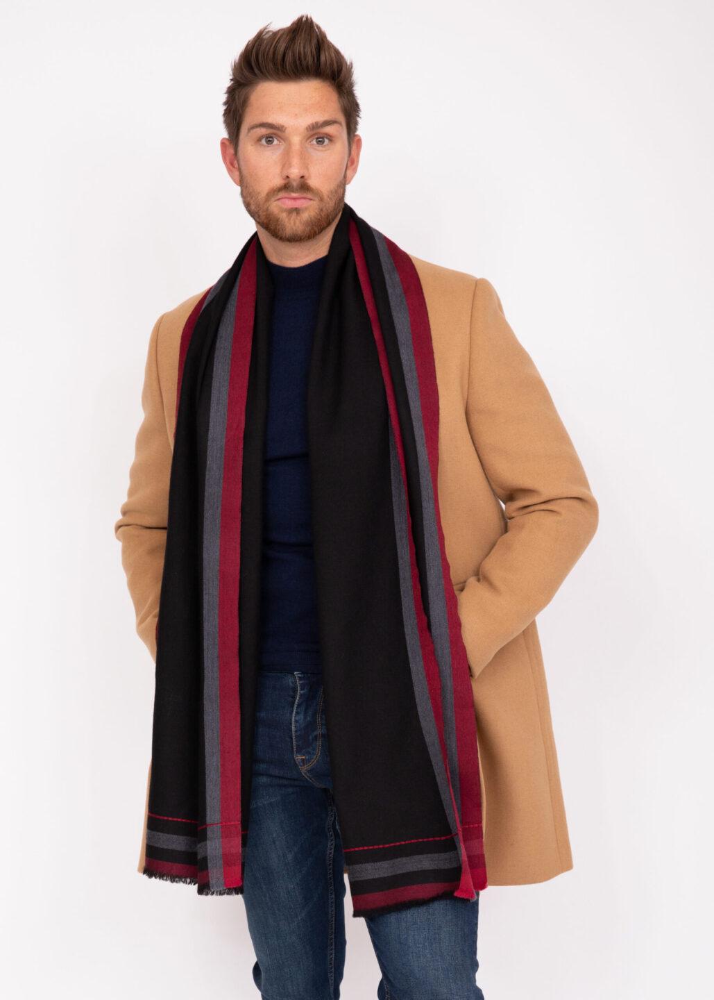 Mens Merino Wool Scarf Handwoven Black with Red Border - likemary