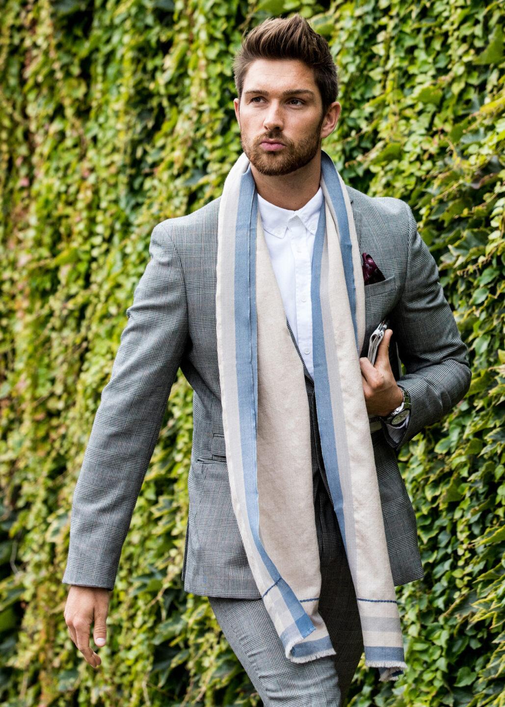 Mens Merino Wool Scarf Handwoven Neutral with Blue Border - likemary