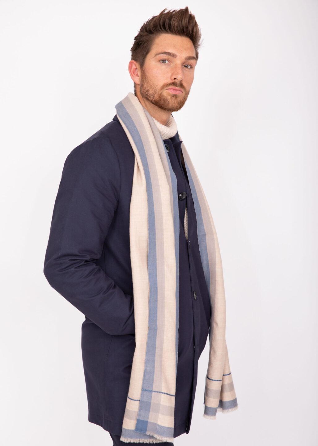 Mens Merino Wool Scarf Handwoven Neutral with Blue Border - likemary