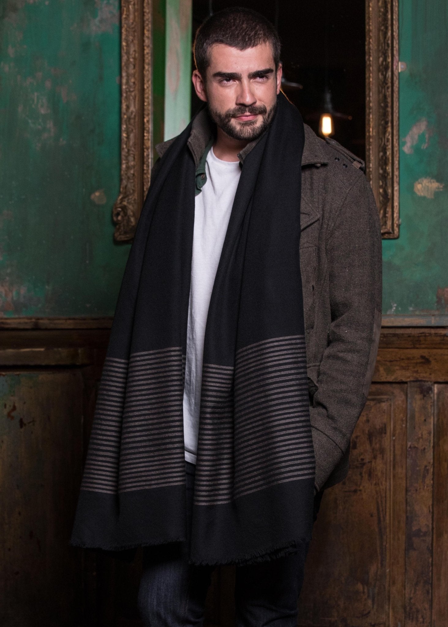 Mens Merino Wool Scarf with Border Stripes Black - likemary