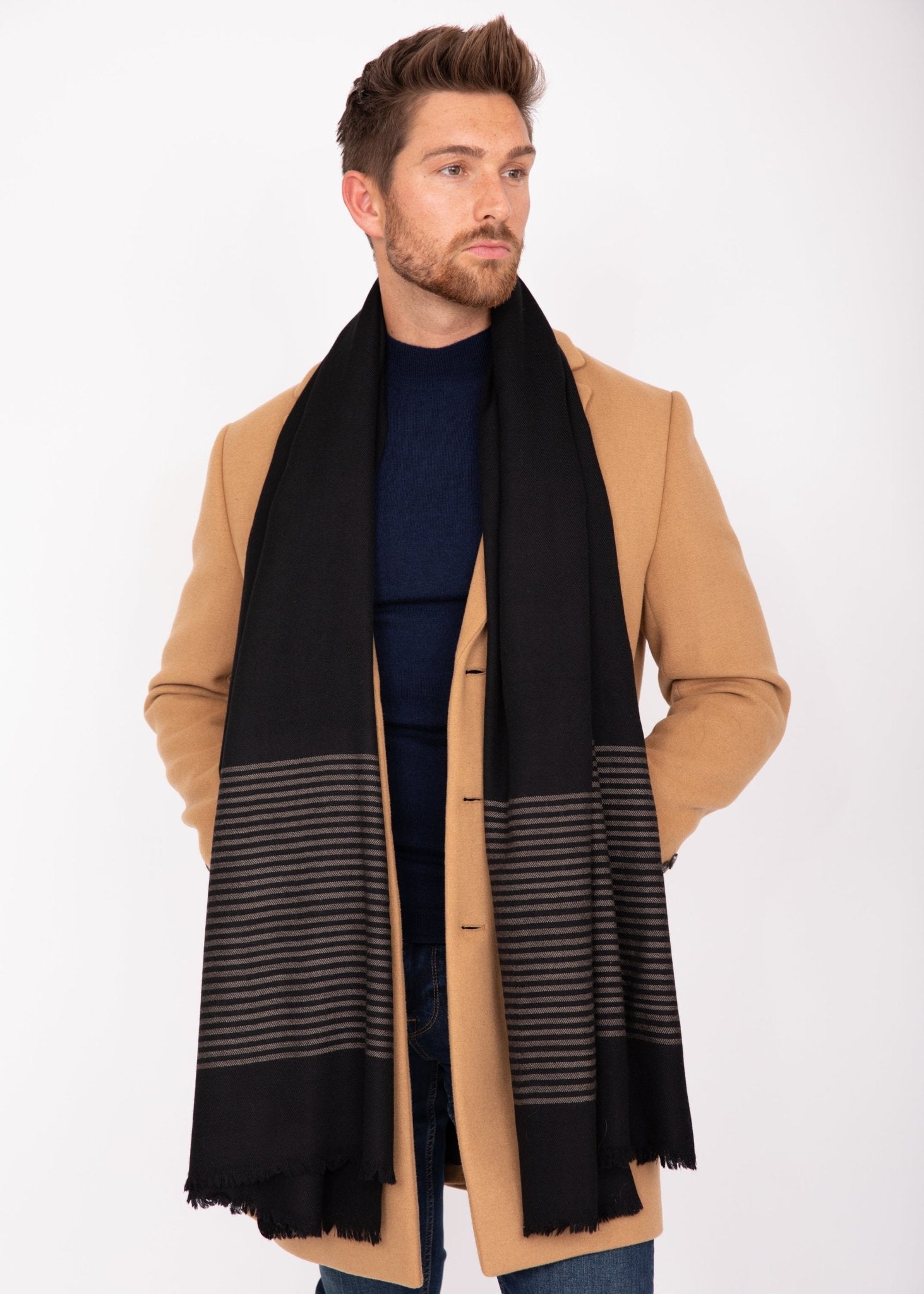 Mens Merino Wool Scarf with Border Stripes Black - likemary