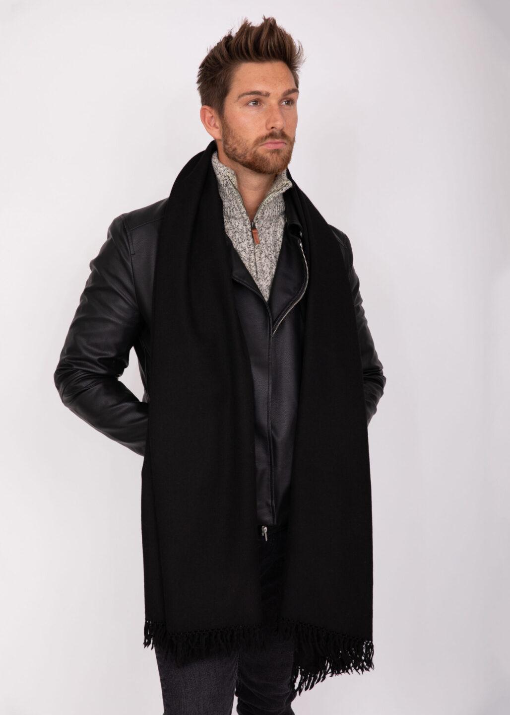 Men's Oversized Merino Wool Scarf in Black Twill Weave - likemary