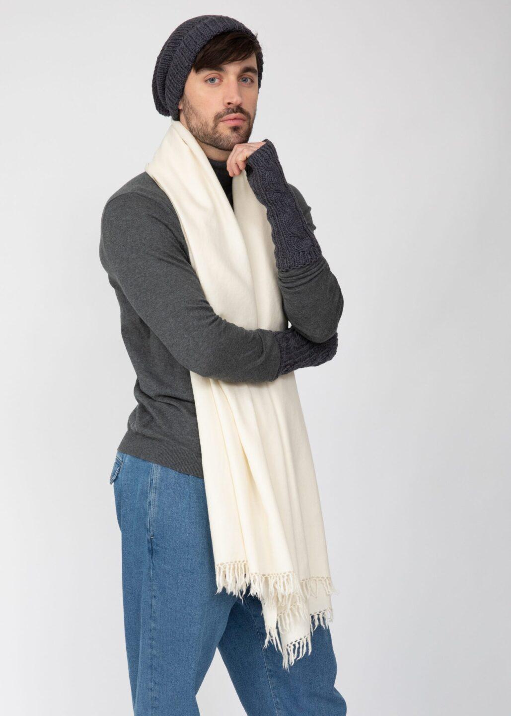 Men's Oversized Merino Wool Scarf in Cream Twill Weave - likemary