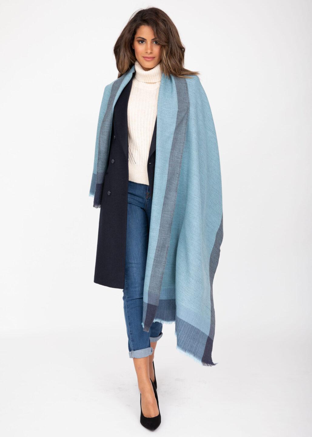 Merino Wool Blanket Scarf - Herringbone Weave in Blues - likemary