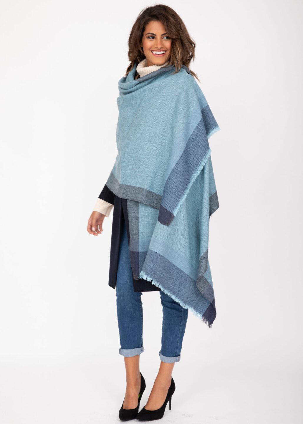 Merino Wool Blanket Scarf - Herringbone Weave in Blues - likemary