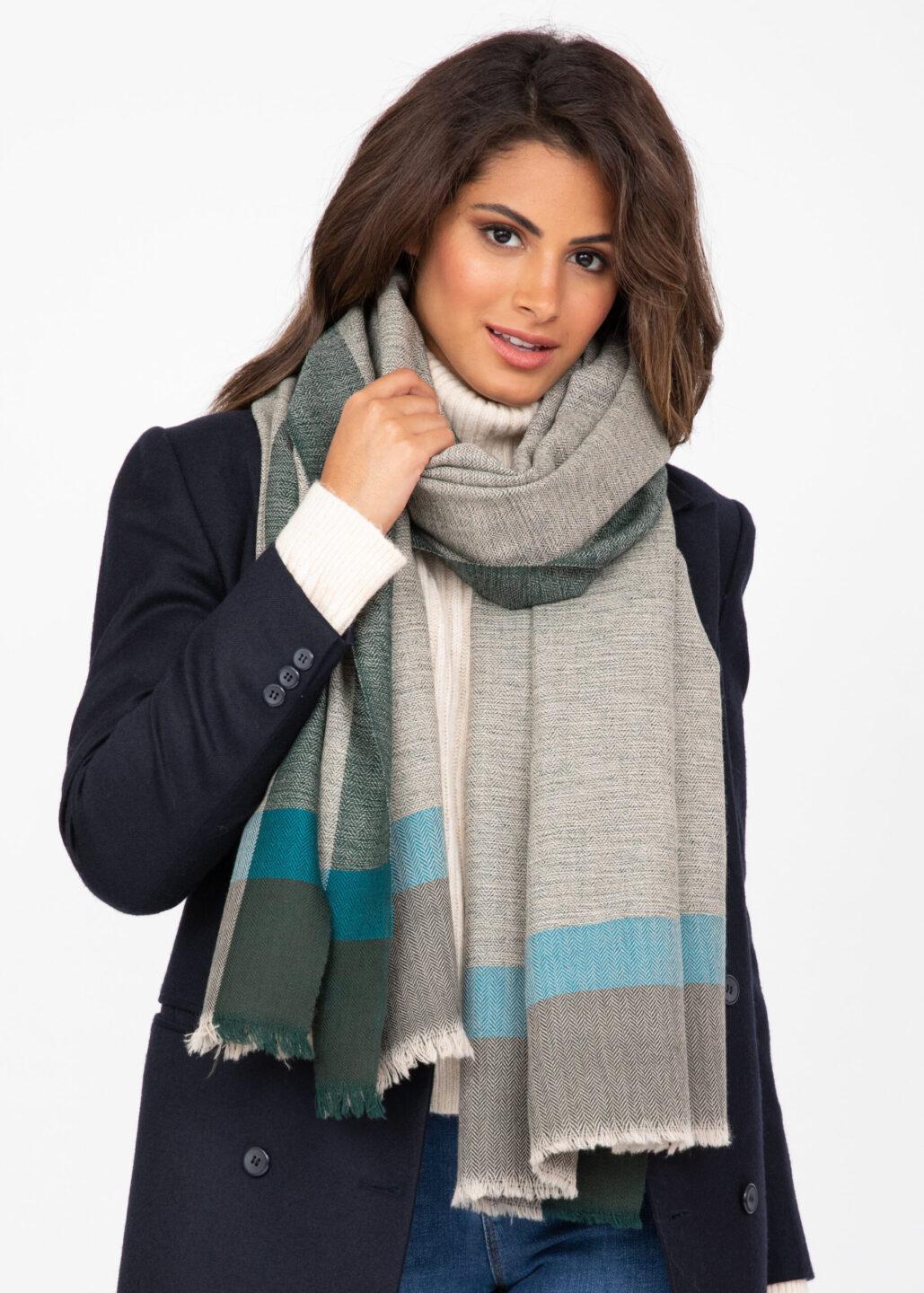 Merino Wool Blanket Scarf - Herringbone Weave in Greens - likemary