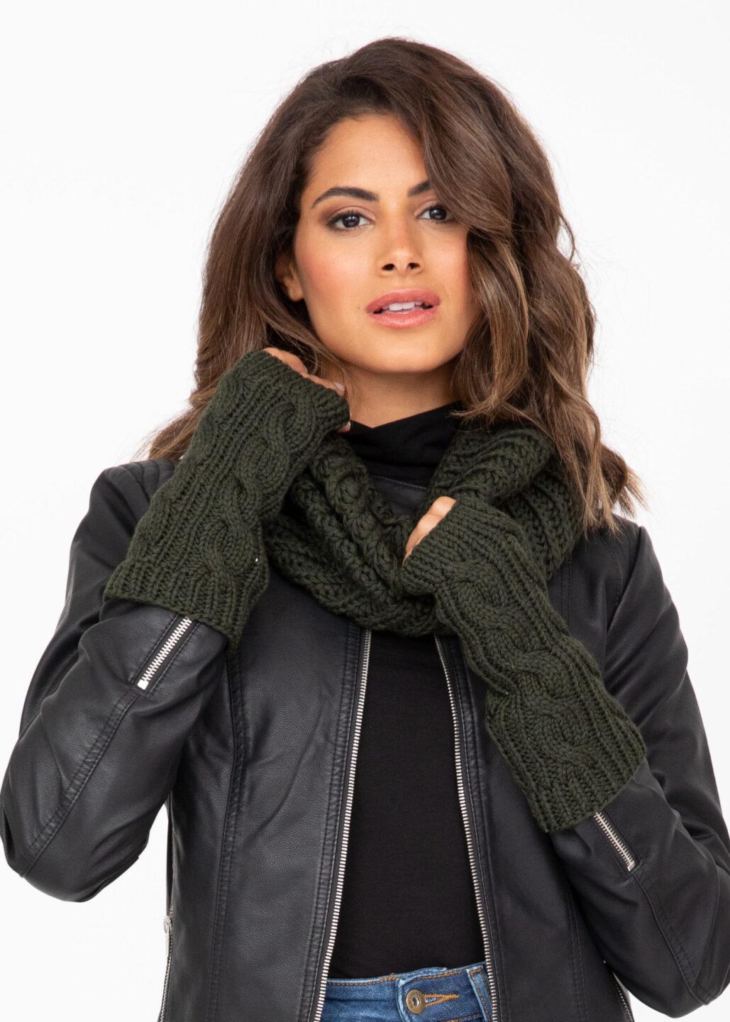 Merino Wool Cable - Knit Fingerless Gloves in Camo Green - likemary