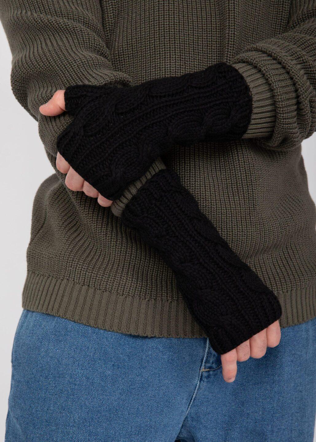 Merino Wool Cable - Knit Fingerless Gloves Men's Black - likemary