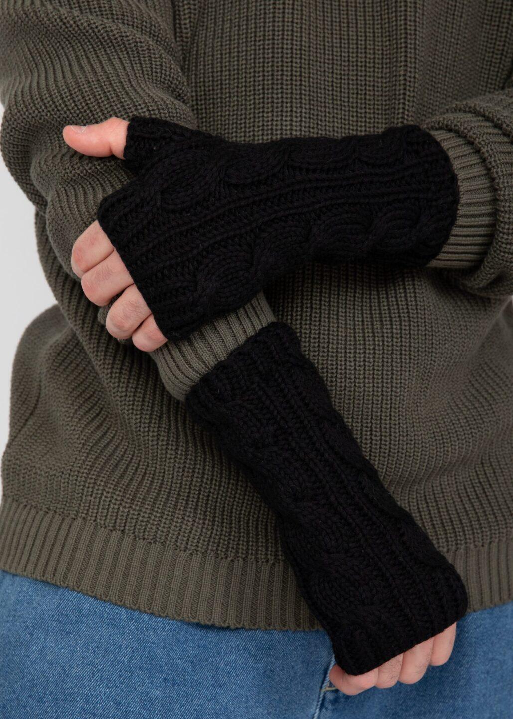 Merino Wool Cable - Knit Fingerless Gloves Men's Black - likemary