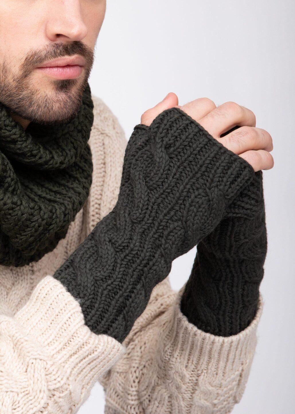Merino Wool Cable - Knit Fingerless Gloves Men's in Camo Green - likemary