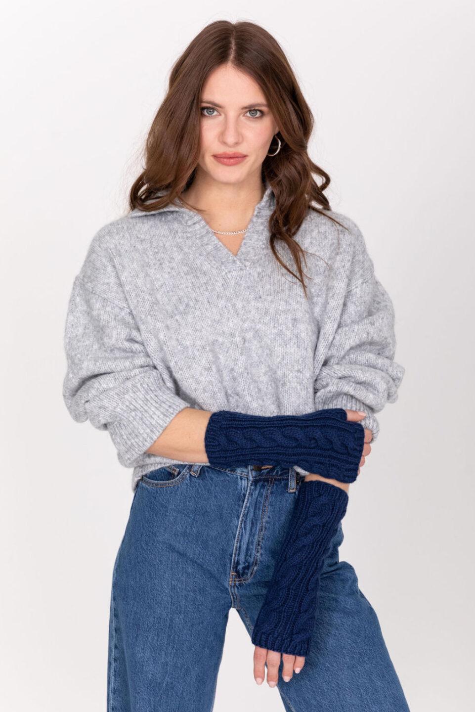 Merino Wool Cable Knitted Long Fingerless Gloves Navy Blue - likemary