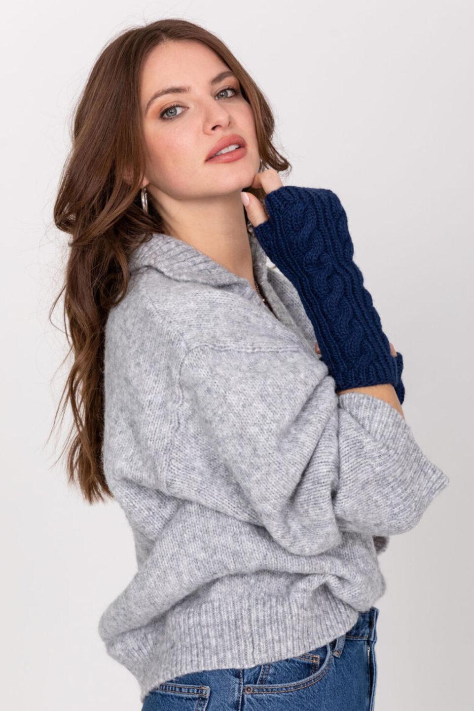 Merino Wool Cable Knitted Long Fingerless Gloves Navy Blue - likemary