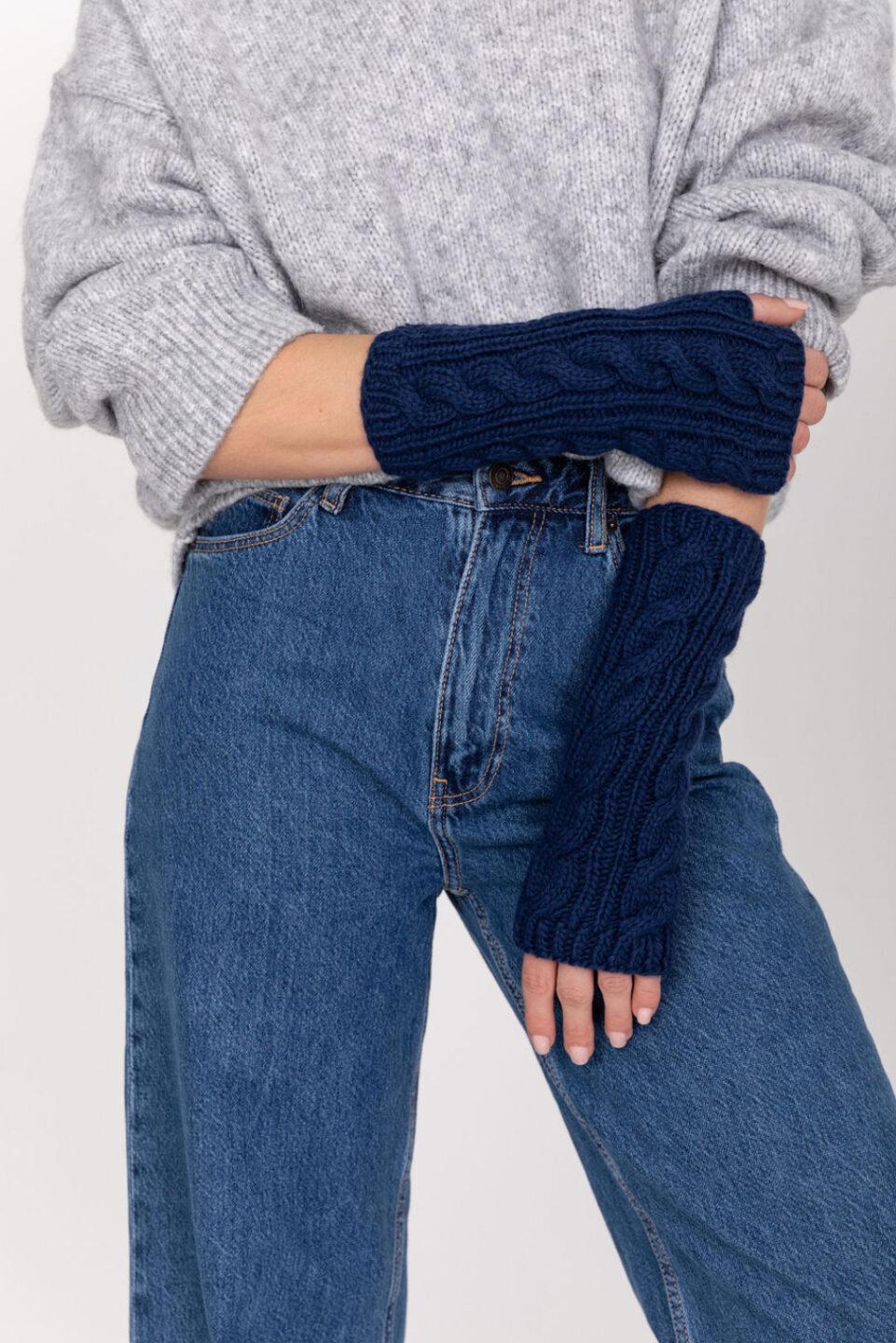 Merino Wool Cable Knitted Long Fingerless Gloves Navy Blue - likemary