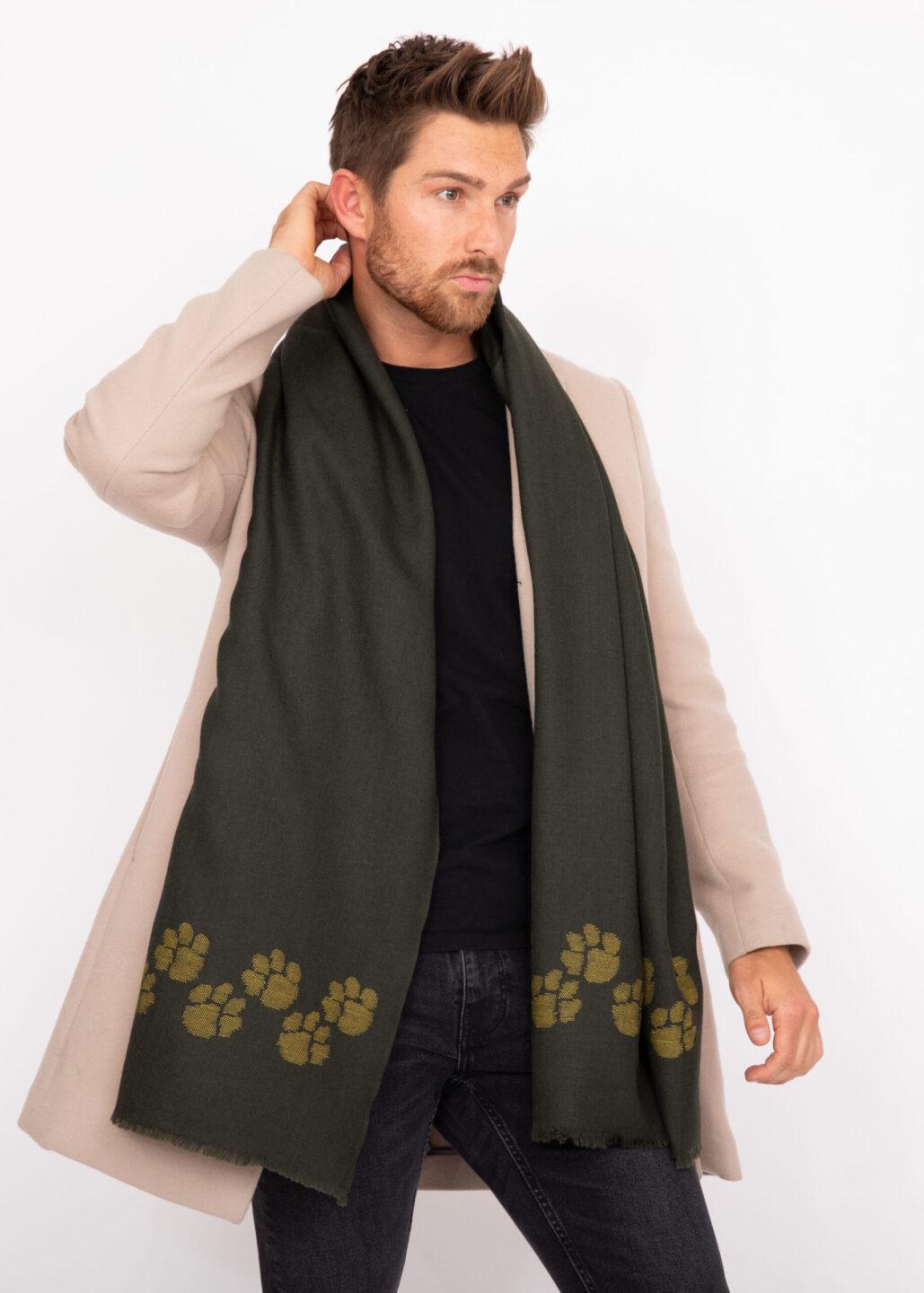 Merino Wool Handwoven Oversize Scarf with Paws Motif 72 X 200cm Camo Green - likemary